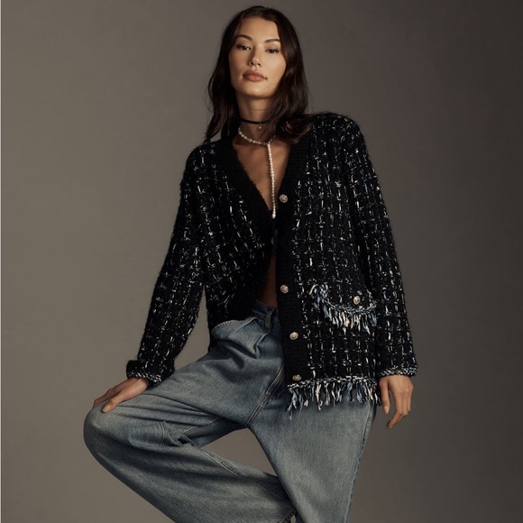 Anthropologie Tweed Fringe Cardigan Sweater Size M - Picture 1 of 8